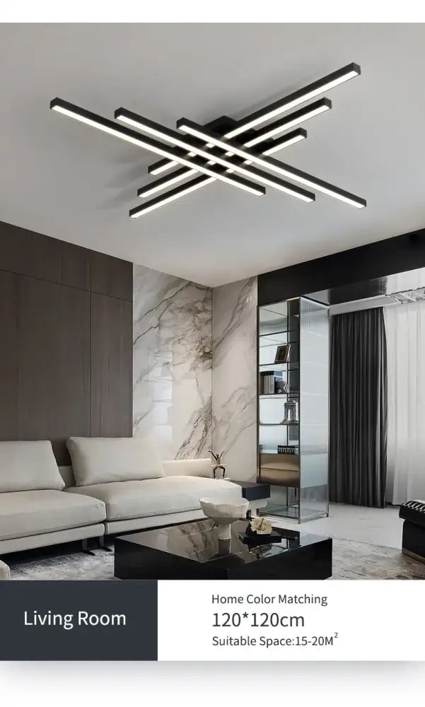 DecorBites™ modern black chandelier square LED ceiling light with intersecting rectangular bars for bedroom and living room