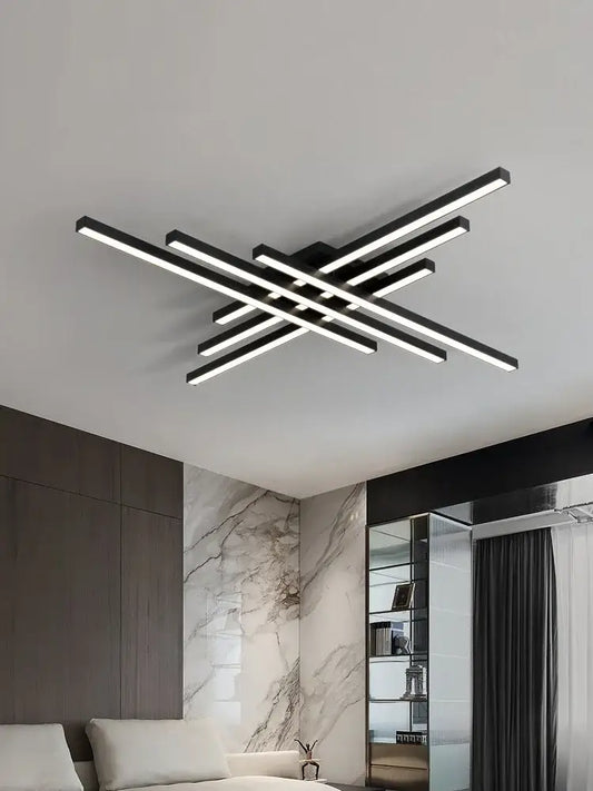 DecorBites™ modern black chandelier square led ceiling light with intersecting rectangular bars for bedroom and living room