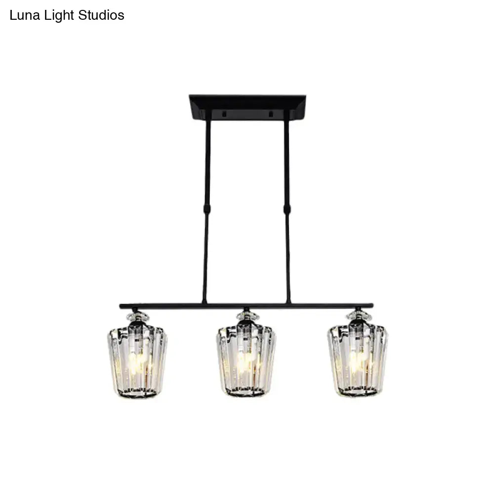 Modern black metal pendant light with three cylindrical crystal shades suitable for led incandescent fluorescent bulbs