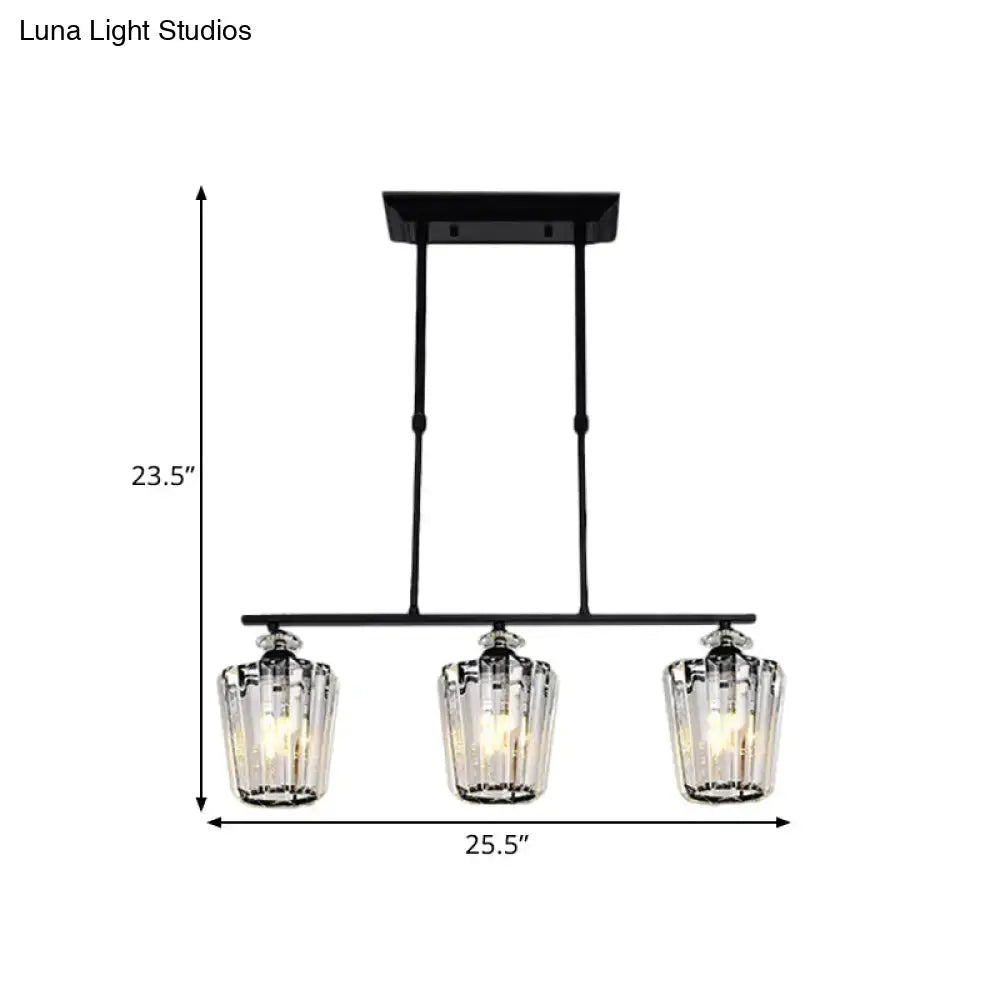 Decorbites modern black metal island chandelier with three cylindrical crystal shade heads for led incandescent fluorescent bulbs
