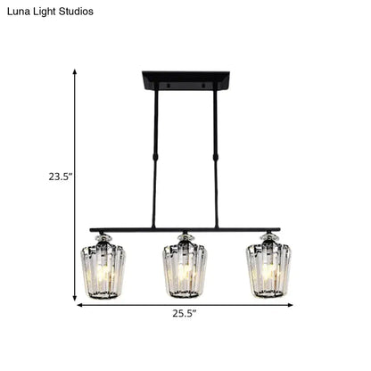 Decorbites modern black metal island chandelier with three cylindrical crystal shade heads for led incandescent fluorescent bulbs