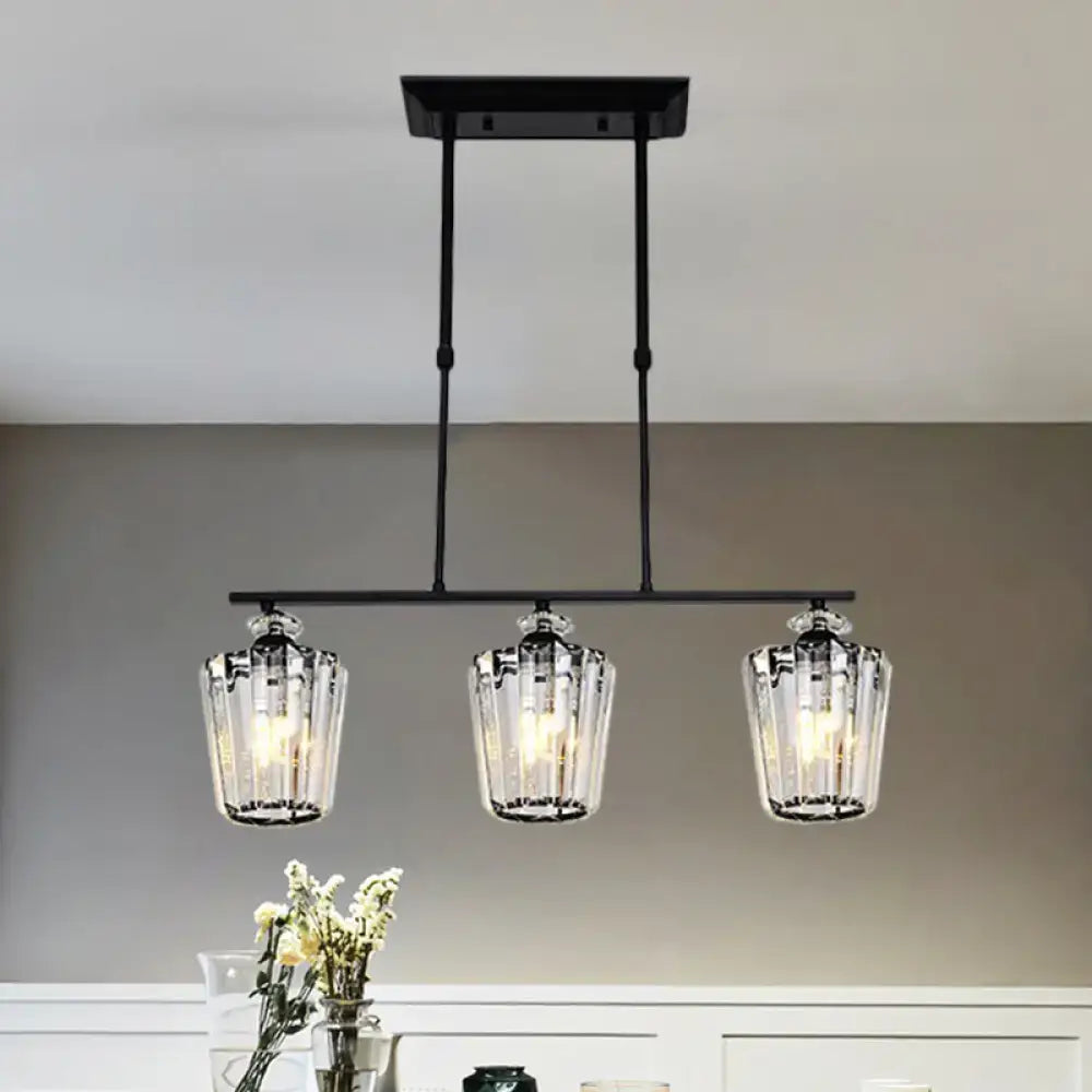Decorbites modern black metal island chandelier with three cylindrical crystal shade heads for led incandescent fluorescent bulbs