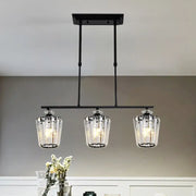Decorbites modern black metal island chandelier with three cylindrical crystal shade heads for led incandescent fluorescent bulbs