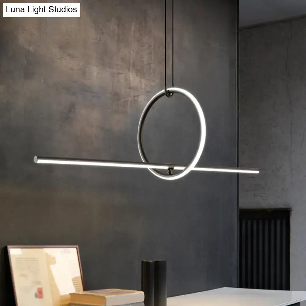DecorBites modern black metal led pendant lamp with minimalist circular ring and horizontal bar for dining room island