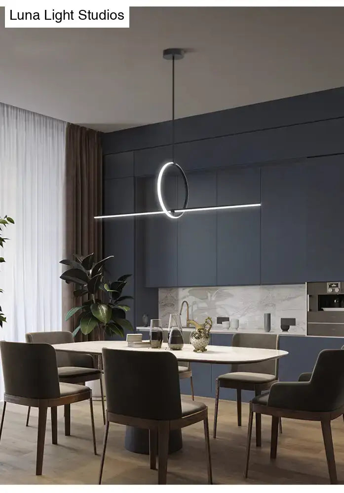 DecorBites modern black metal led pendant lamp with sleek circular ring and horizontal bar for dining room island