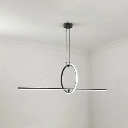 DecorBites modern black metal led pendant with sleek circular ring intersecting horizontal bar for dining room island