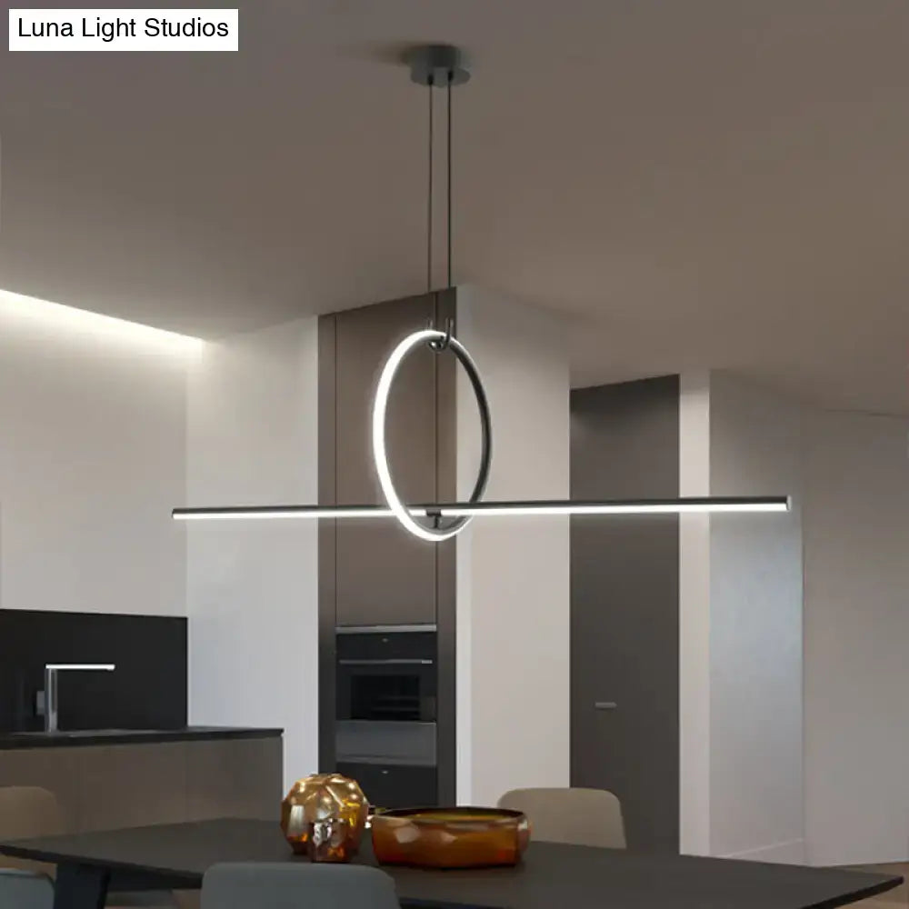 DecorBites modern black metal led pendant lamp with circular ring and horizontal bar in polished chrome finish for dining room