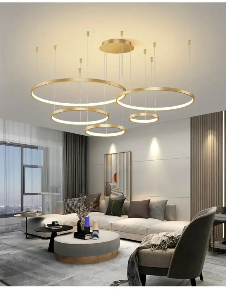 DecorBites™ modern black pendant light with gold-toned circular minimalist design for living room and dimmable use