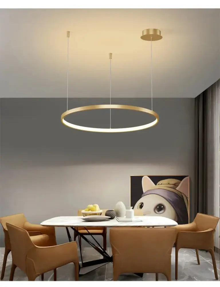 Gold-toned circular pendant light with sleek minimalist design for living room complements modern black pendant collections