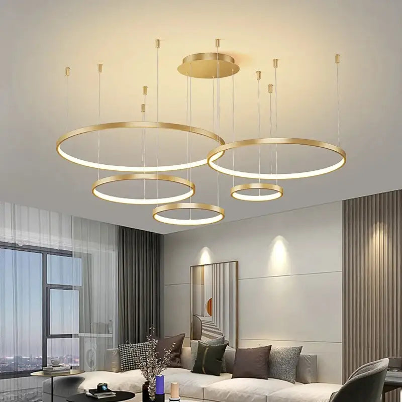 Modern black pendant light with gold-toned circular design and dimmable feature for living room decor