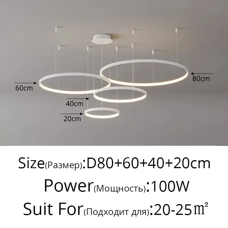 Decorbites modern black pendant light featuring a white circular led chandelier with multiple ring sizes for living room