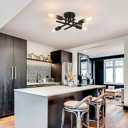 Decorbites modern black sputnik chandelier flush mount with black industrial-style exposed bulb sockets semi flush mount