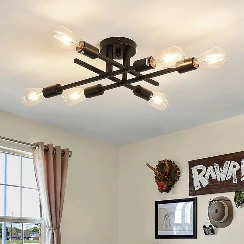 DecorBites™ modern chandelier flush mount with six exposed Edison bulbs and dark bronze metal frame in industrial style