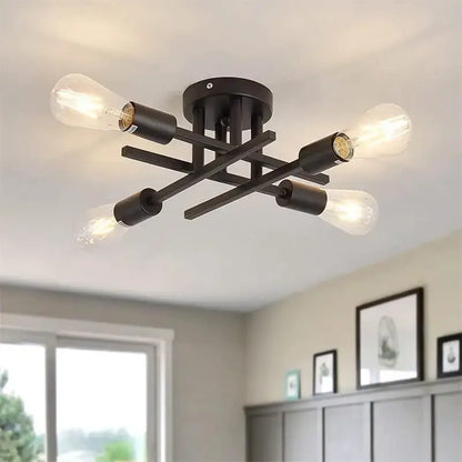 DecorBites modern black flush mount chandelier with metal frame and four exposed Edison-style bulbs for semi flush mount use