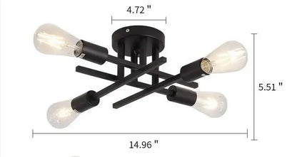 DecorBites™ modern black metal flush mount chandelier with four exposed bulb sockets and vintage Edison bulbs