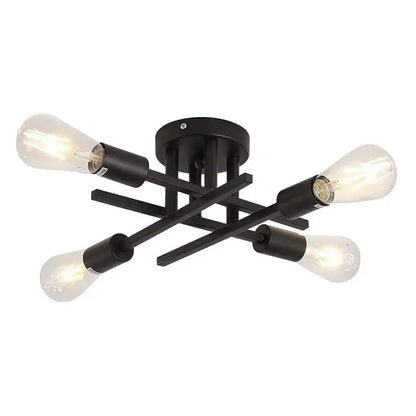 Black metal flush mount chandelier with four exposed filament bulbs modern Sputnik design by DecorBites™