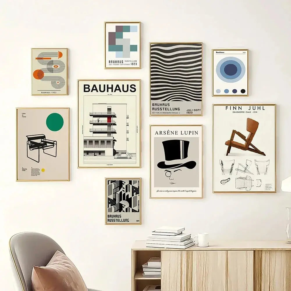 A collection of framed modernist bauhaus canvas prints in muted tones featuring decorbites modern black and white bauhaus canvas print