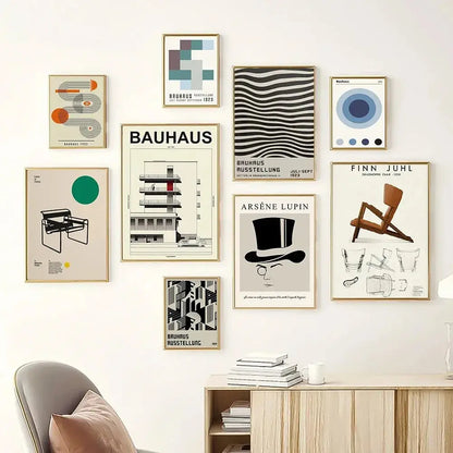 A collection of framed bauhaus and modernist canvas prints in muted tones for stylish home decor featuring white bauhaus designs