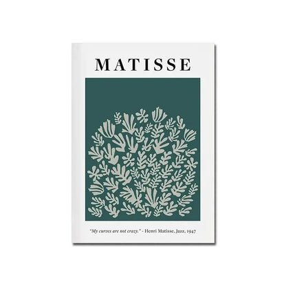 White bauhaus canvas print featuring matisse cut-out design in light gray on deep teal with artist name and quote
