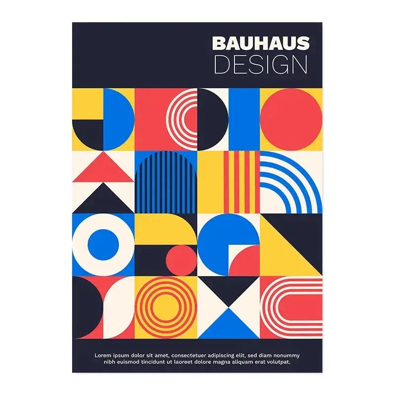 Decorbites™ modern black and white bauhaus canvas print featuring vibrant geometric shapes in red blue yellow on white bauhaus canvas