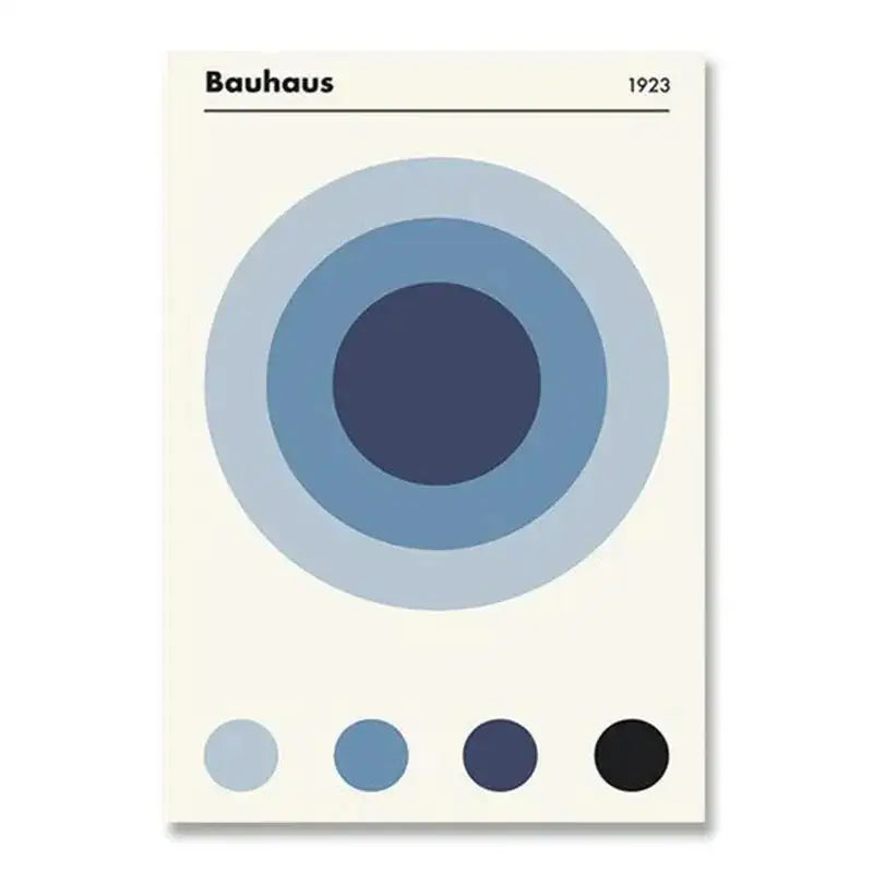 Minimalist bauhaus canvas print featuring blue concentric circles on cream background with color swatches below by decorbites