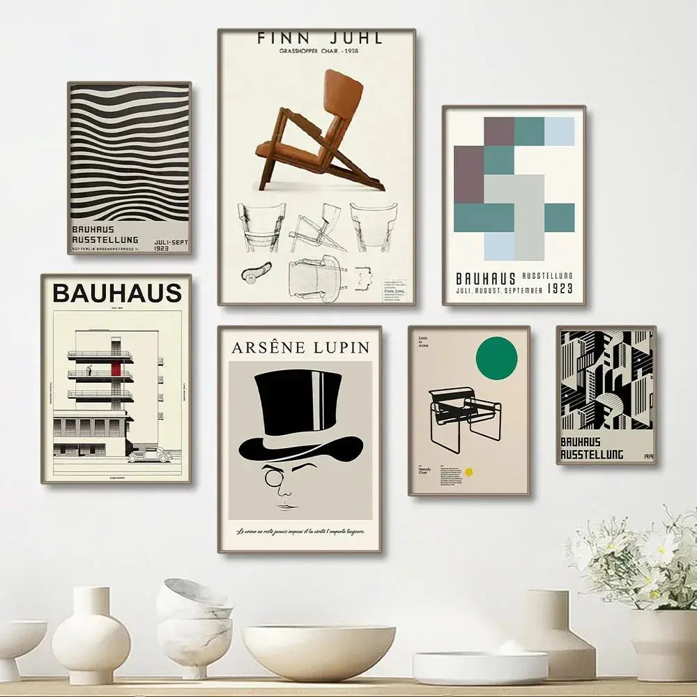 Decorbites modern black and white bauhaus canvas print featuring six framed white bauhaus canvas prints with bold typography
