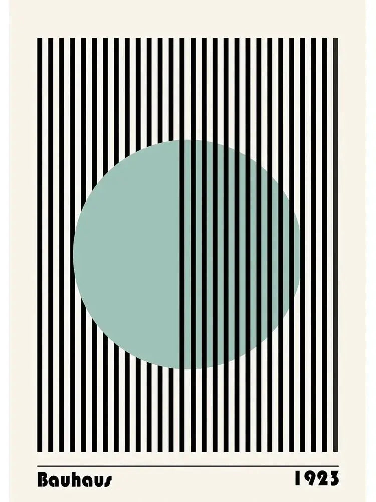 Decorbites™ modern black and white bauhaus canvas print featuring a muted teal circle and bold black stripes with bauhaus 1923 text