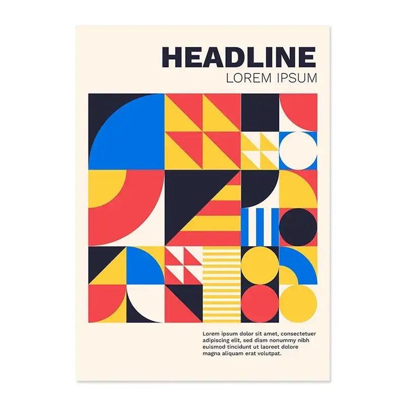 Decorbites™ modern black and white bauhaus canvas print featuring vibrant red yellow blue geometric shapes on cream background