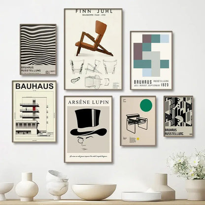 Decorbites modern black and white canvas print featuring bauhaus posters on beige wall for stylish home decor