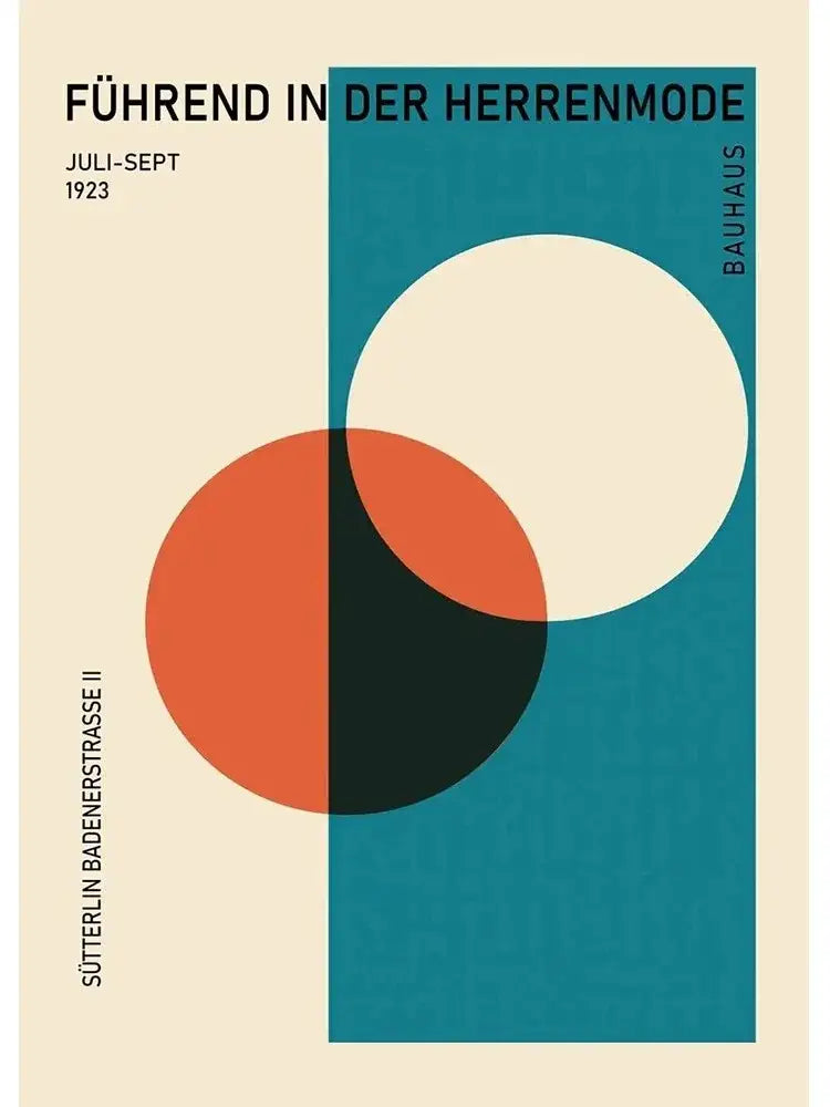 Decorbites™ modern black and white canvas print featuring bauhaus-style geometric circles in teal orange cream for home decor