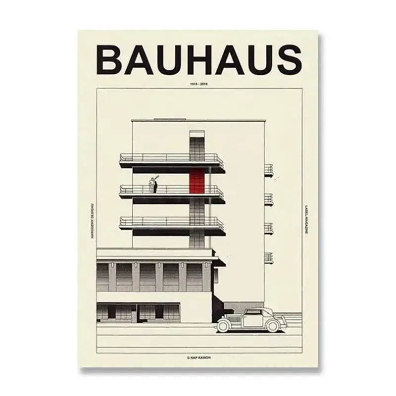 DecorBites™ modern black and white canvas print with bold bauhaus architecture and red door for home decor