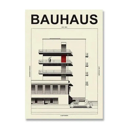 DecorBites™ modern black and white canvas print with bold bauhaus architecture and red door for home decor