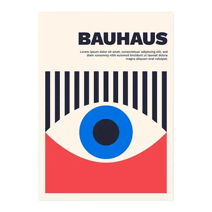 Minimalist bauhaus-style canvas print featuring a stylized eye with bold blue iris on a white canvas print for home decor