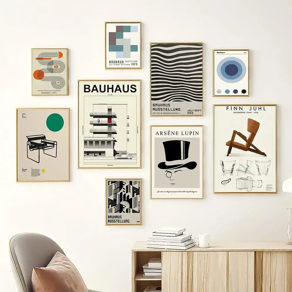 A collection of framed bauhaus and modernist canvas prints in muted tones for modern home decor and white canvas print