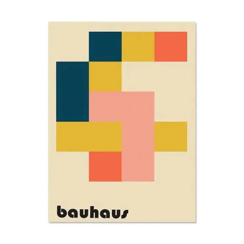 Minimalist bauhaus-style navy blue mustard yellow coral orange white canvas print for modern home decor by decorbites™