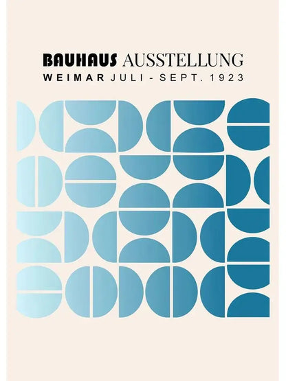 Minimalist bauhaus canvas print with blue semi-circle pattern on white canvas print for modern home decor by decorbites