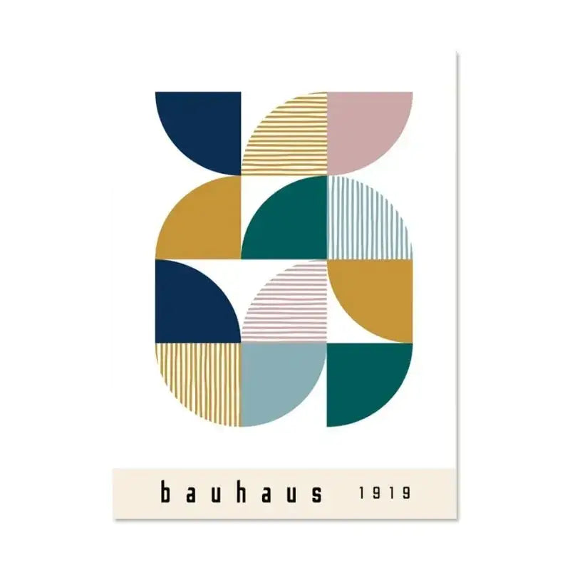 DecorBites™ modern black and white canvas print with geometric semi-circles in navy, mustard, teal, and pink for home decor