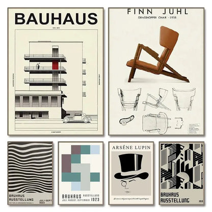 Decorbites™ modern black and white canvas print featuring bauhaus architectural illustrations for home decor