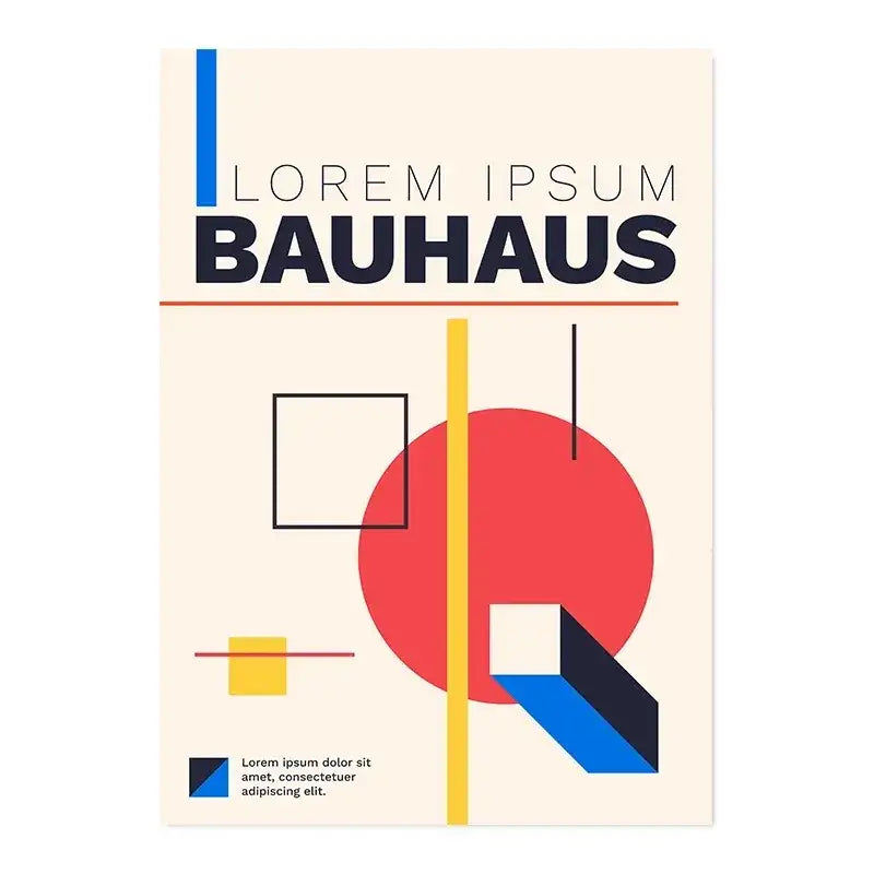 Beige canvas print with bold black bauhaus text and colorful geometric shapes for modern home decor by DecorBites