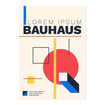Beige canvas print with bold black bauhaus text and colorful geometric shapes for modern home decor by DecorBites