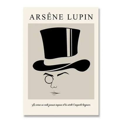 Beige DecorBites™ canvas print featuring a black silhouette of arsène lupin for modern home decor