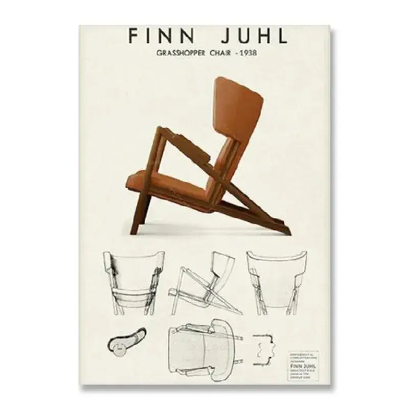 Brown leather upholstered grasshopper chair by finn juhl on modern black and white canvas print for home decor