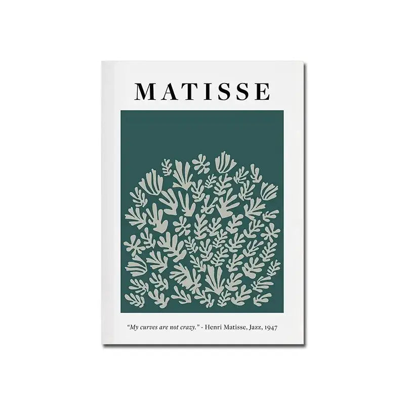 White-framed white canvas print featuring matisse cut-out design in light gray on deep teal for modern home decor