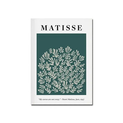 White-framed white canvas print featuring matisse cut-out design in light gray on deep teal for modern home decor