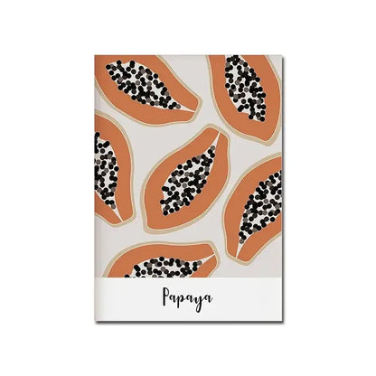 A soft beige notebook with a playful papaya pattern complementing the decorbites modern black and white canvas print for home decor