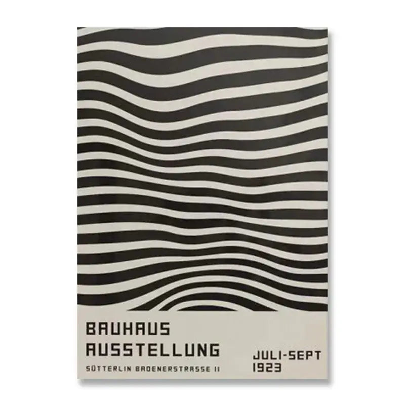 DecorBites™ modern black and white wavy striped canvas print for home decor featuring bauhaus exhibition design