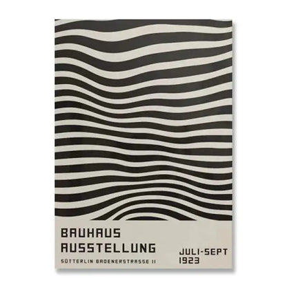 DecorBites™ modern black and white wavy striped canvas print for home decor featuring bauhaus exhibition design