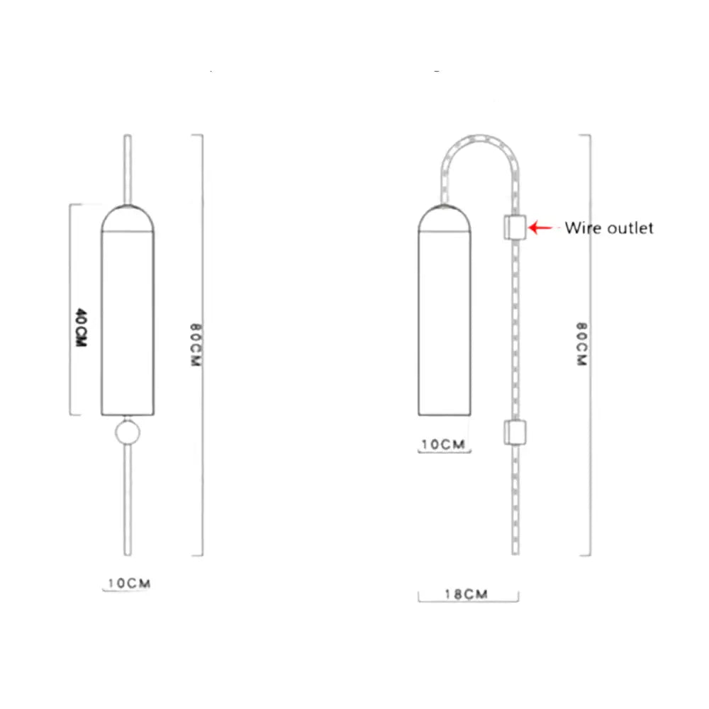 Technical schematic diagram of decorbites™ modern brass wall sconce glass bulb with wire outlet and measurement dimensions