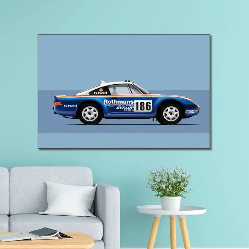 Decorbites modern cartoon racing car canvas wall art featuring blue and white porsche 911 with rothmans branding on light blue wall
