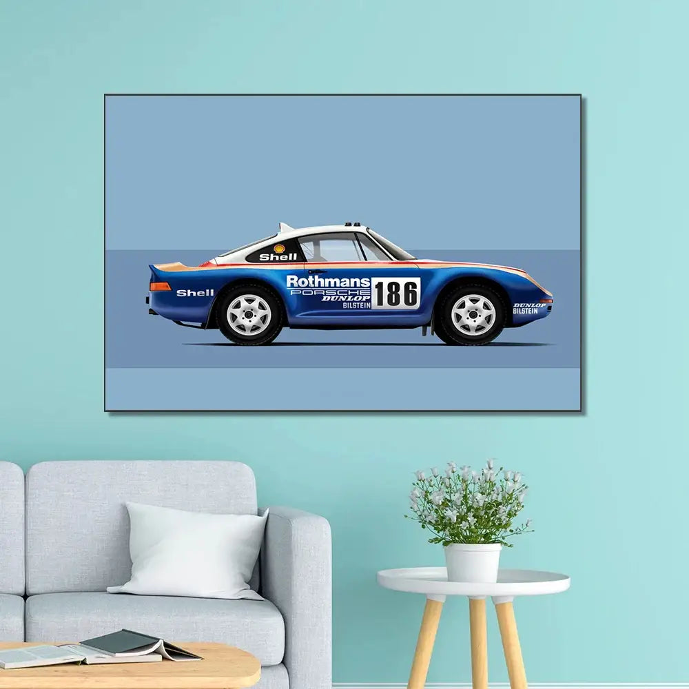 Decorbites modern cartoon racing car canvas wall art featuring blue and white porsche 911 with rothmans decals